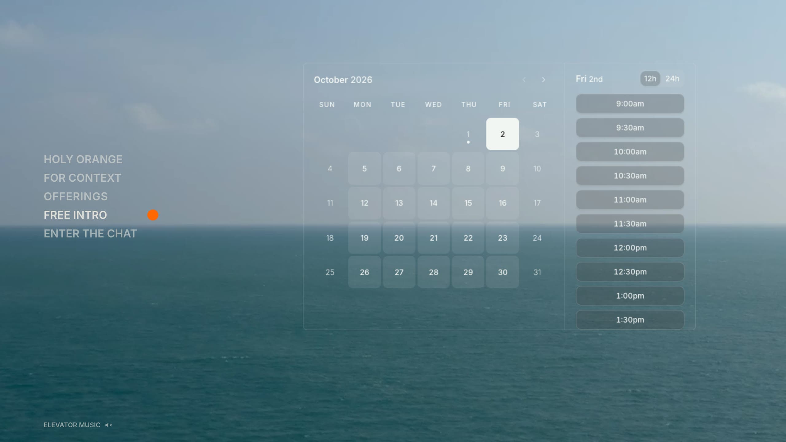 Free Intro: the booking calendar on a tinted card over the sea, October with times for the selected day.