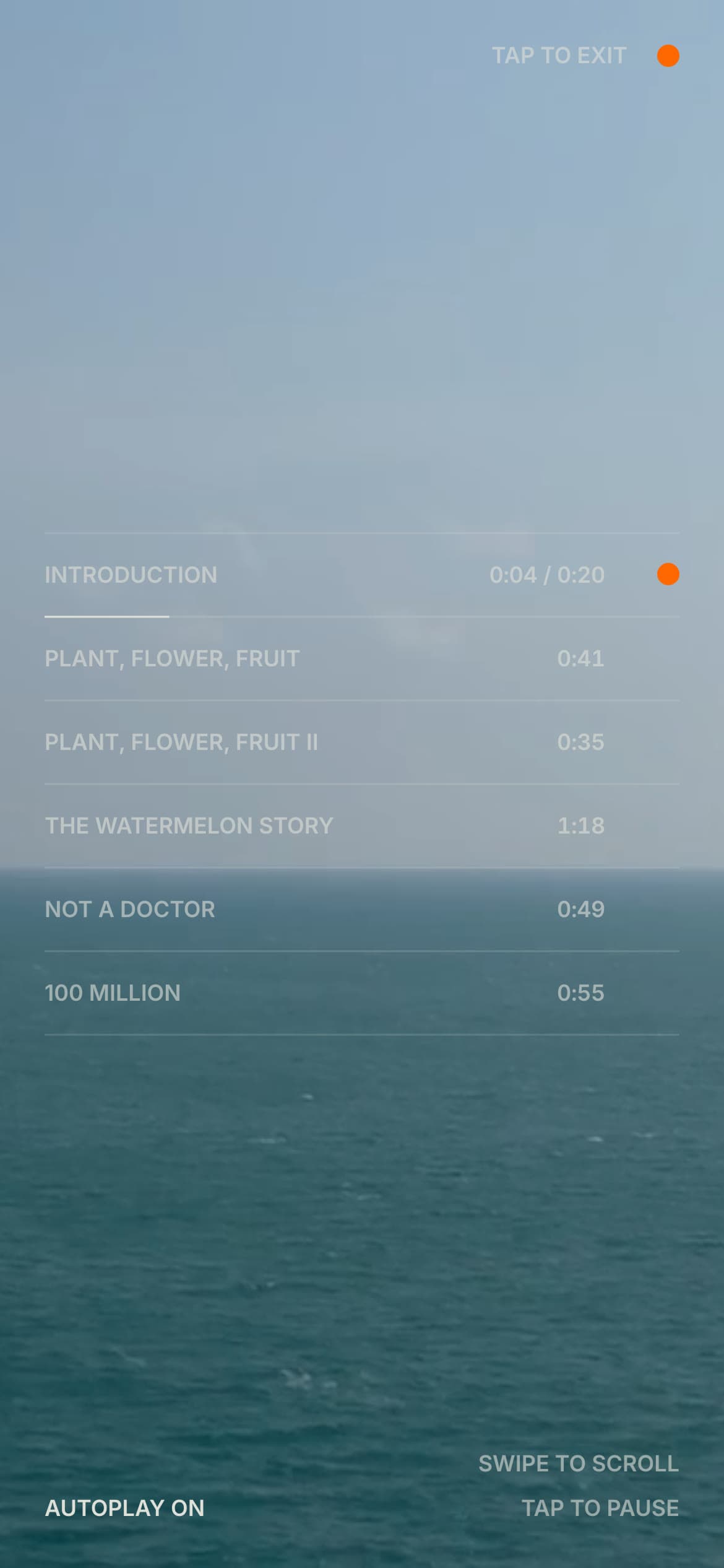 For Context on a phone, the first chapter playing at 0:04 of 0:20, AUTOPLAY ON bottom left and TAP TO PAUSE bottom right.