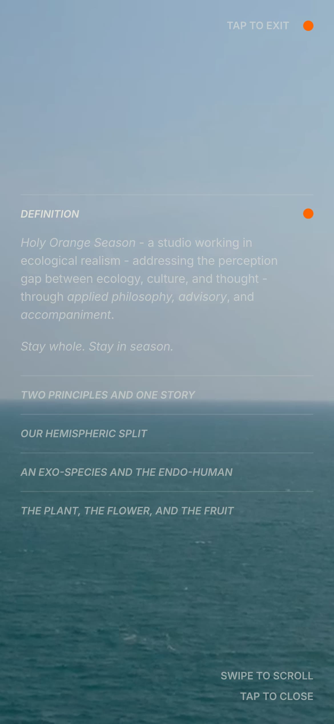 Holy Orange full screen on a phone, Definition open, TAP TO EXIT beside the orange dot in the top corner.