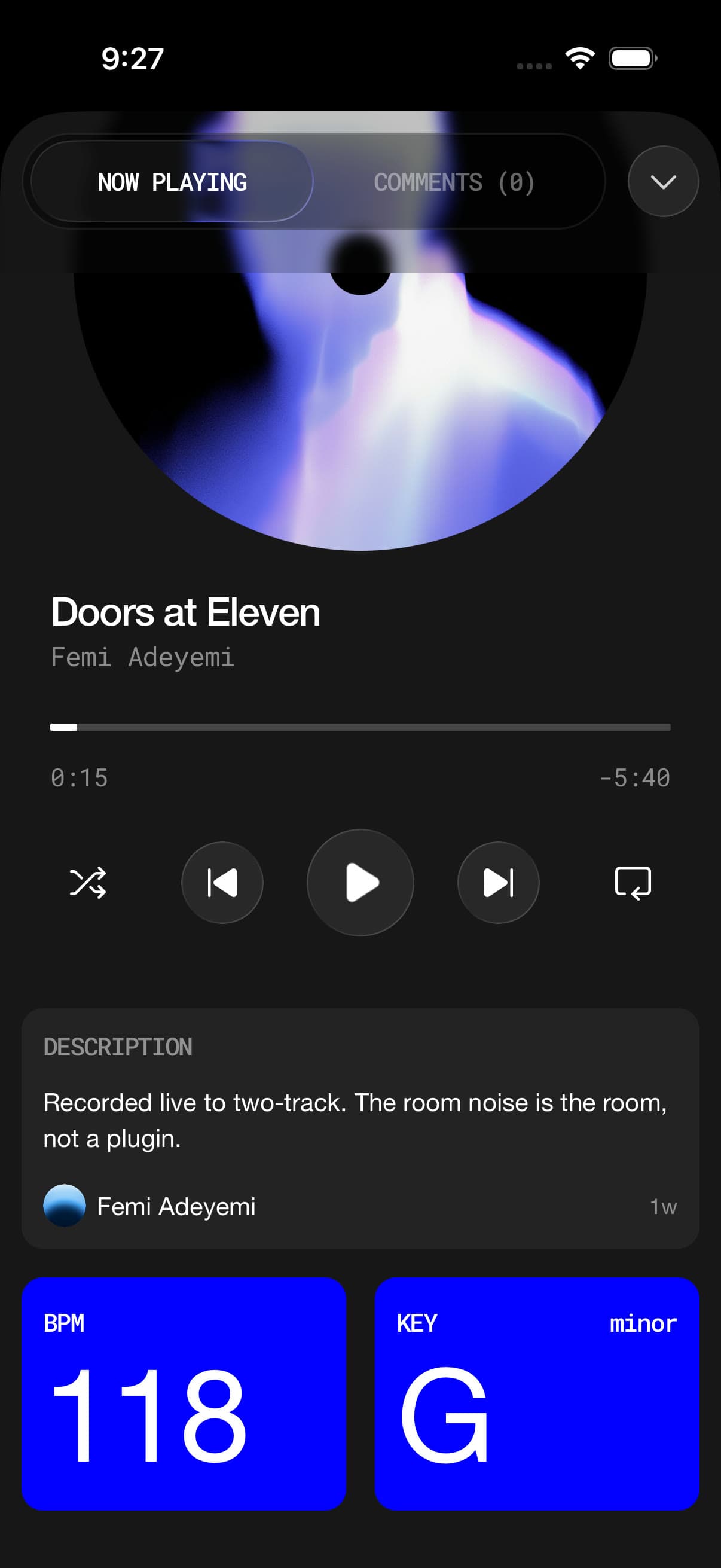A track playing, with the transport, the artist's note on the recording, and its tempo and key.