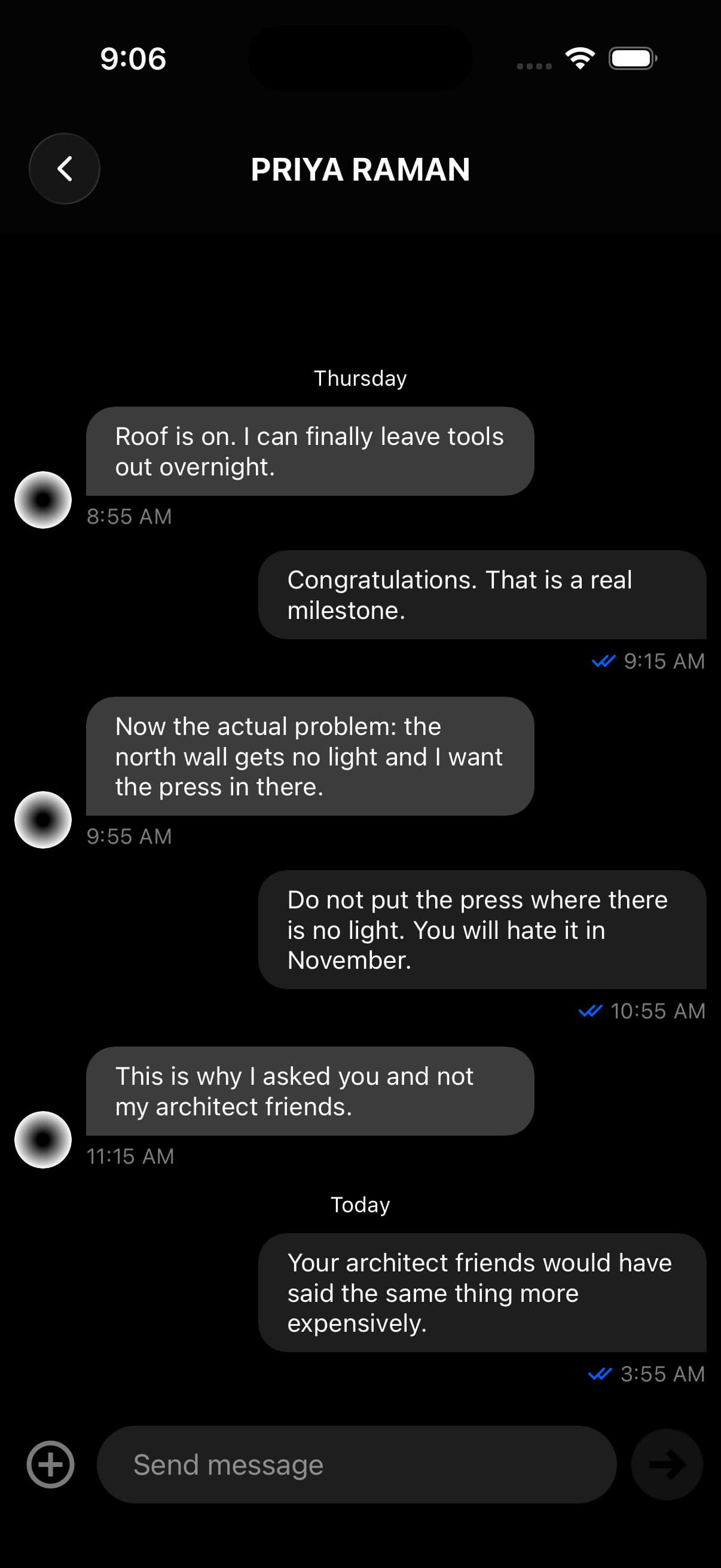 One thread, open — two members talking across several days.