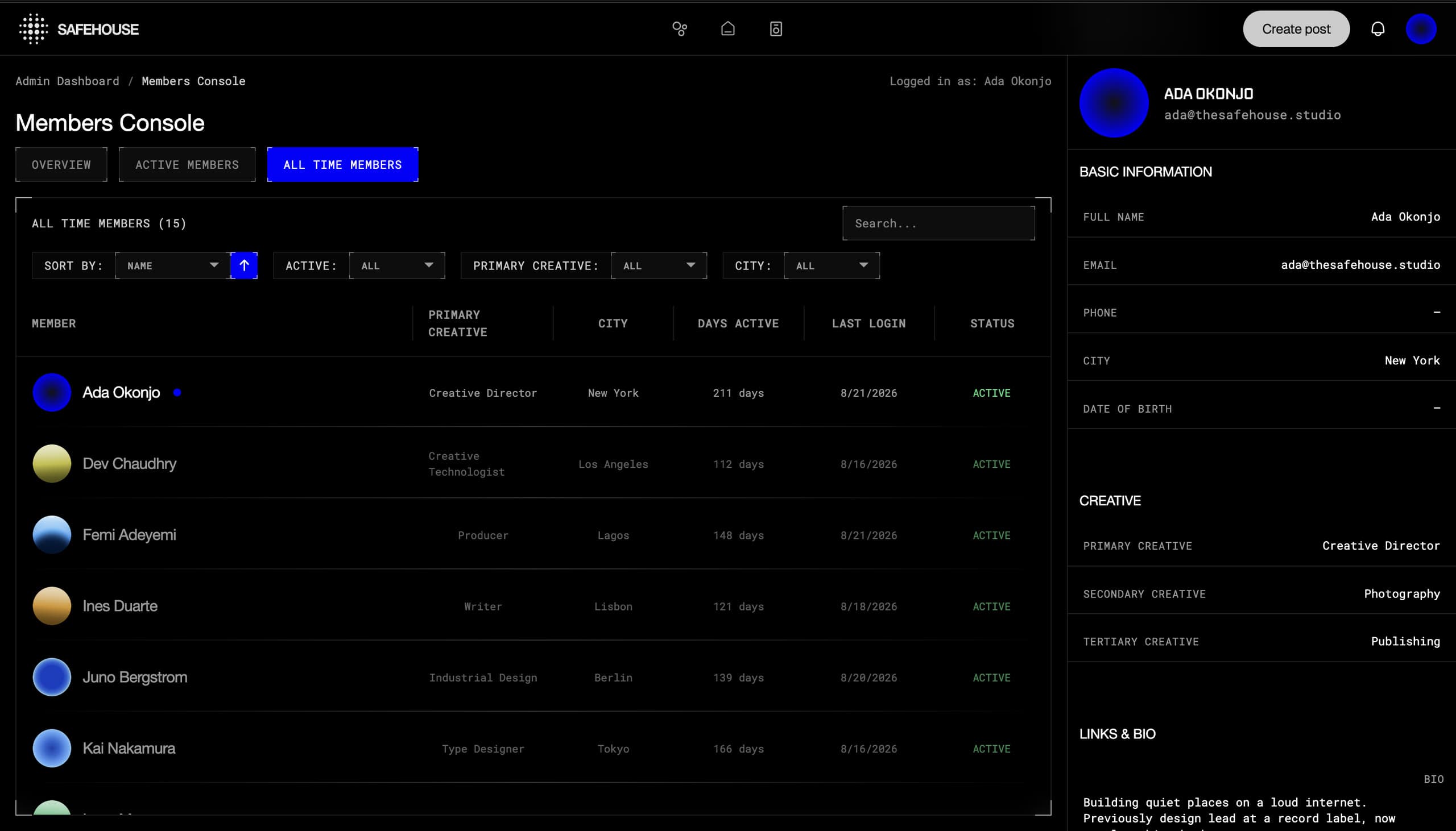 Safehouse members console: the member list on the left, a single member's full record open in the rail on the right, with activity and connection outcomes visible.