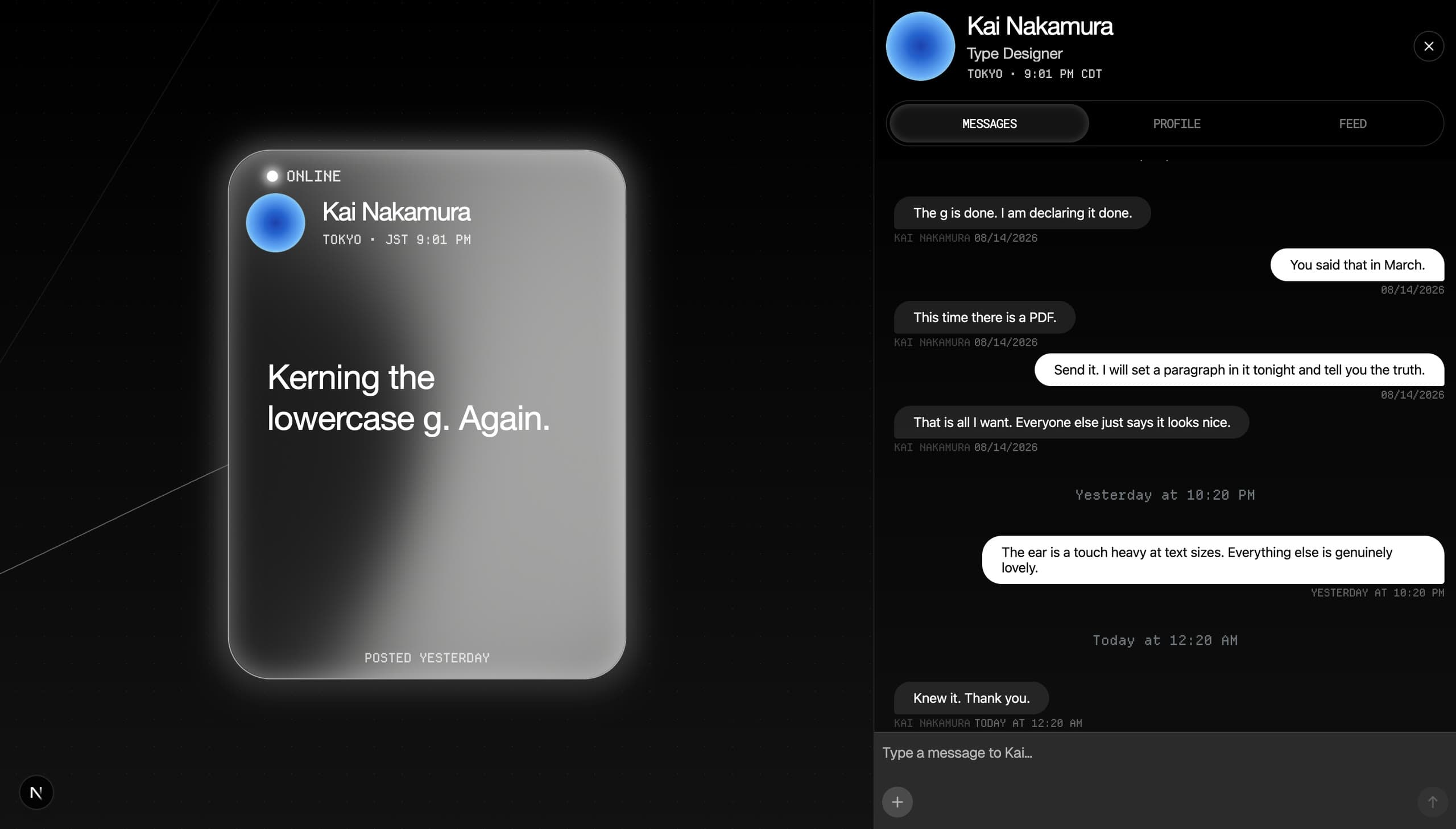 A member's status opened on the left, with the message thread to its author in the panel alongside.