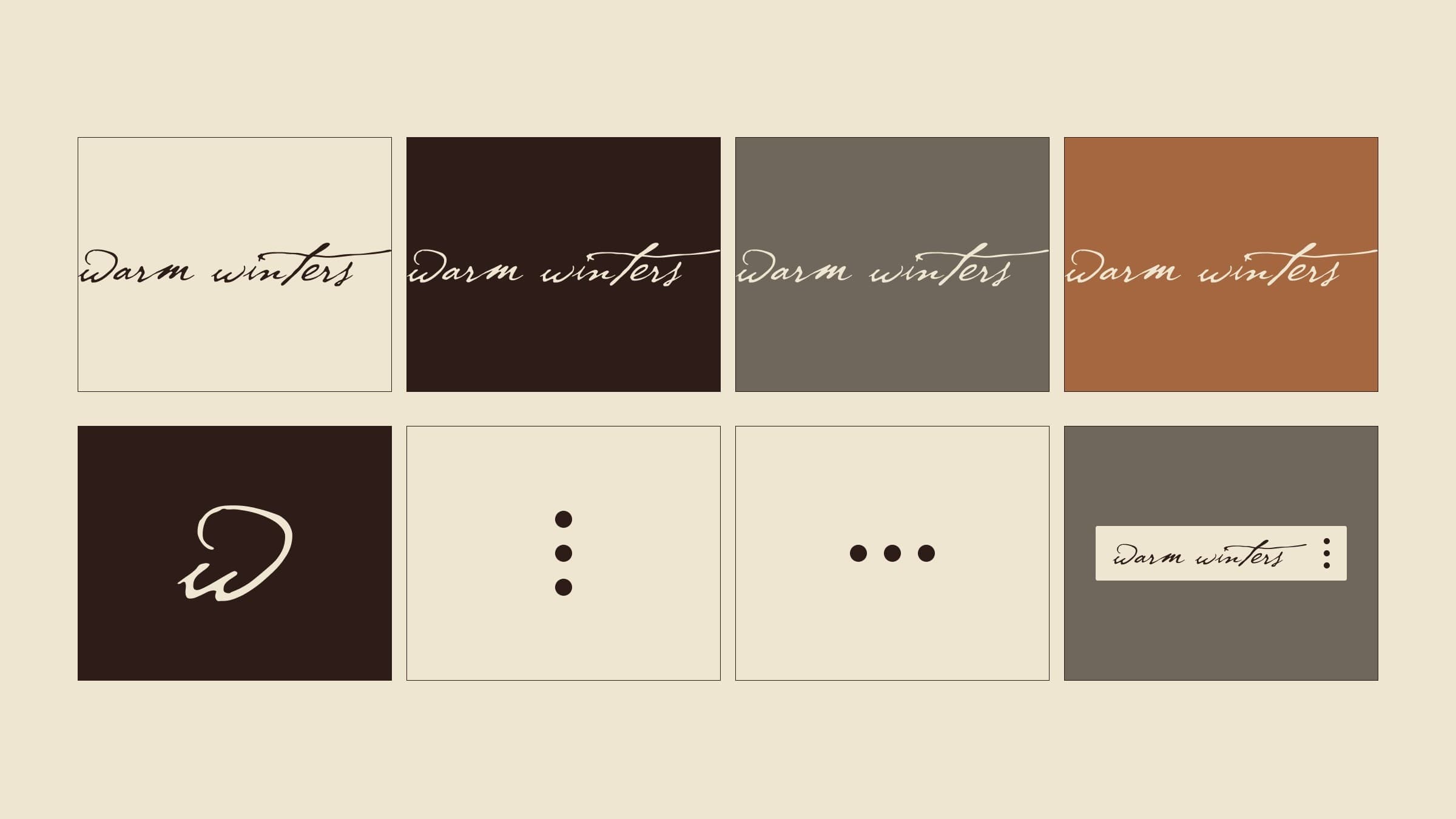 The wordmark on four grounds — ecru, espresso, deep wall and camel — above the w alone, the three snaps set vertically and in a row, and a woven label.