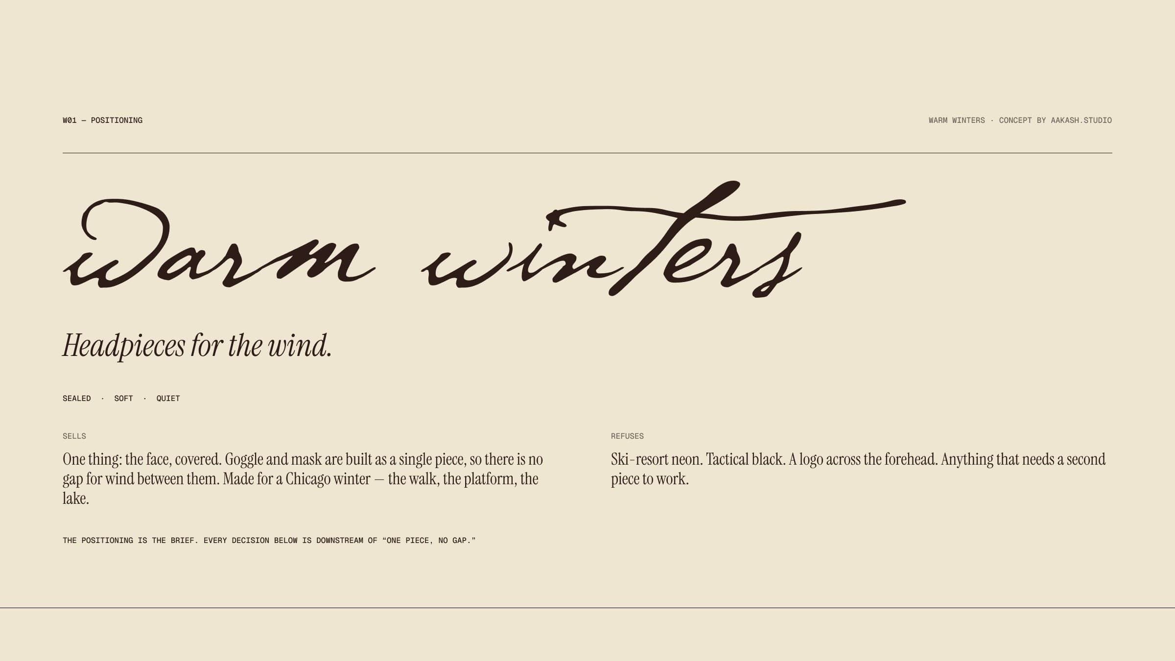 The Warm Winters positioning board: the name written in script, the line Headpieces for the wind, the words sealed, soft and quiet, and two short columns on what the brand sells and what it refuses.