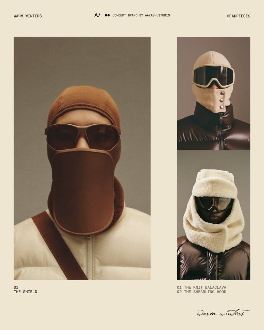 Index slide: the shield at large size beside the knit balaclava and the shearling hood, numbered 01 to 03, with the wordmark.