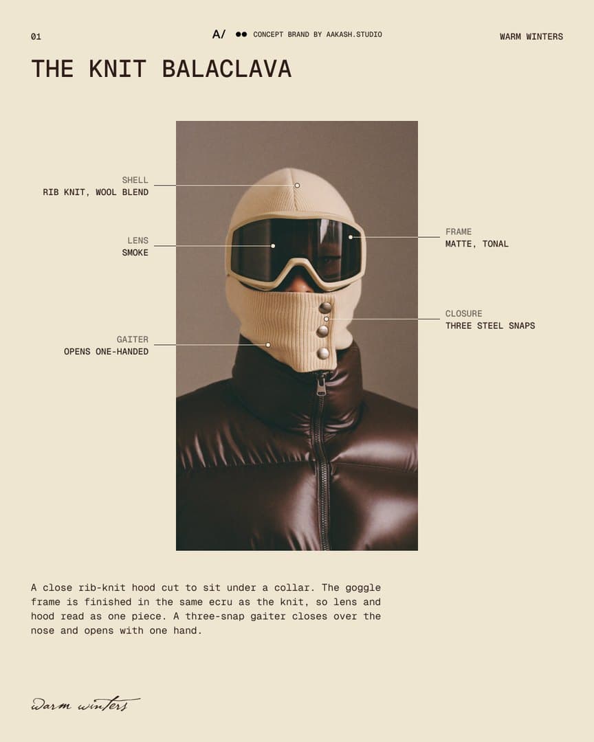 Spec sheet for the knit balaclava: the photograph on ecru paper with hairline callouts for shell, lens, gaiter, frame and closure, and a short description.