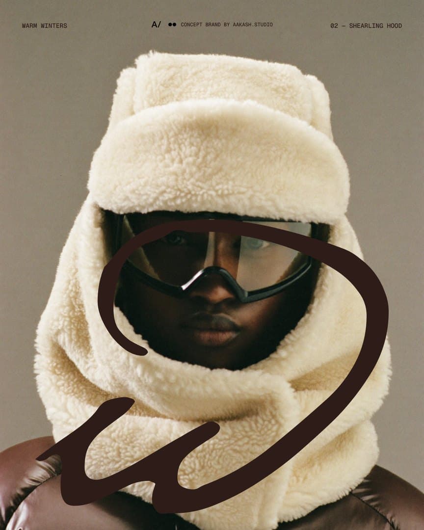 The shearling hood full bleed with the lowercase w drawn large in espresso across the face.