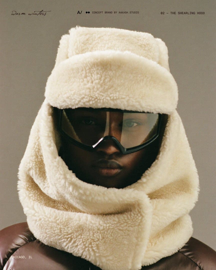 Carousel opener: the shearling hood full bleed, with the small wordmark, the piece name and Chicago, IL set in the corners.