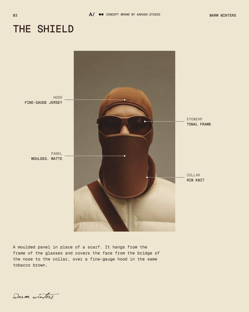 Spec sheet for the shield: the photograph on ecru paper with hairline callouts for hood, panel, eyewear and collar, and a short description.