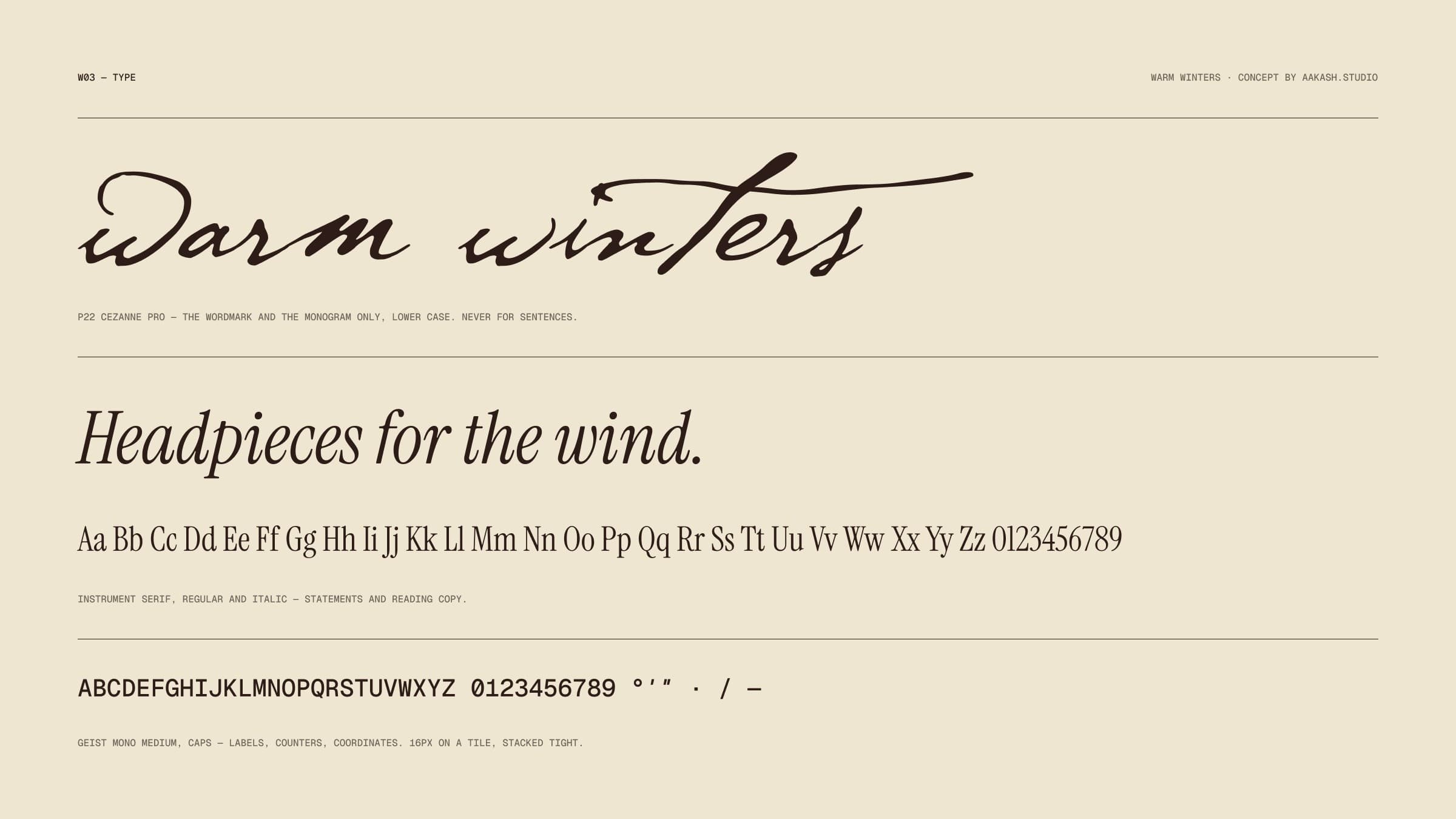 The Warm Winters type specimen: the wordmark in P22 Cezanne, the line Headpieces for the wind in Instrument Serif italic with its alphabet, and Geist Mono capitals for labels.