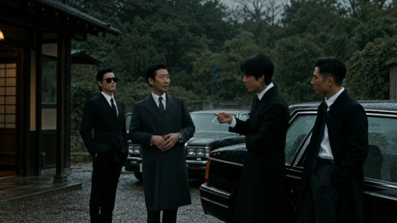 Men in black suits waiting beside a line of black cars outside a house in the forest