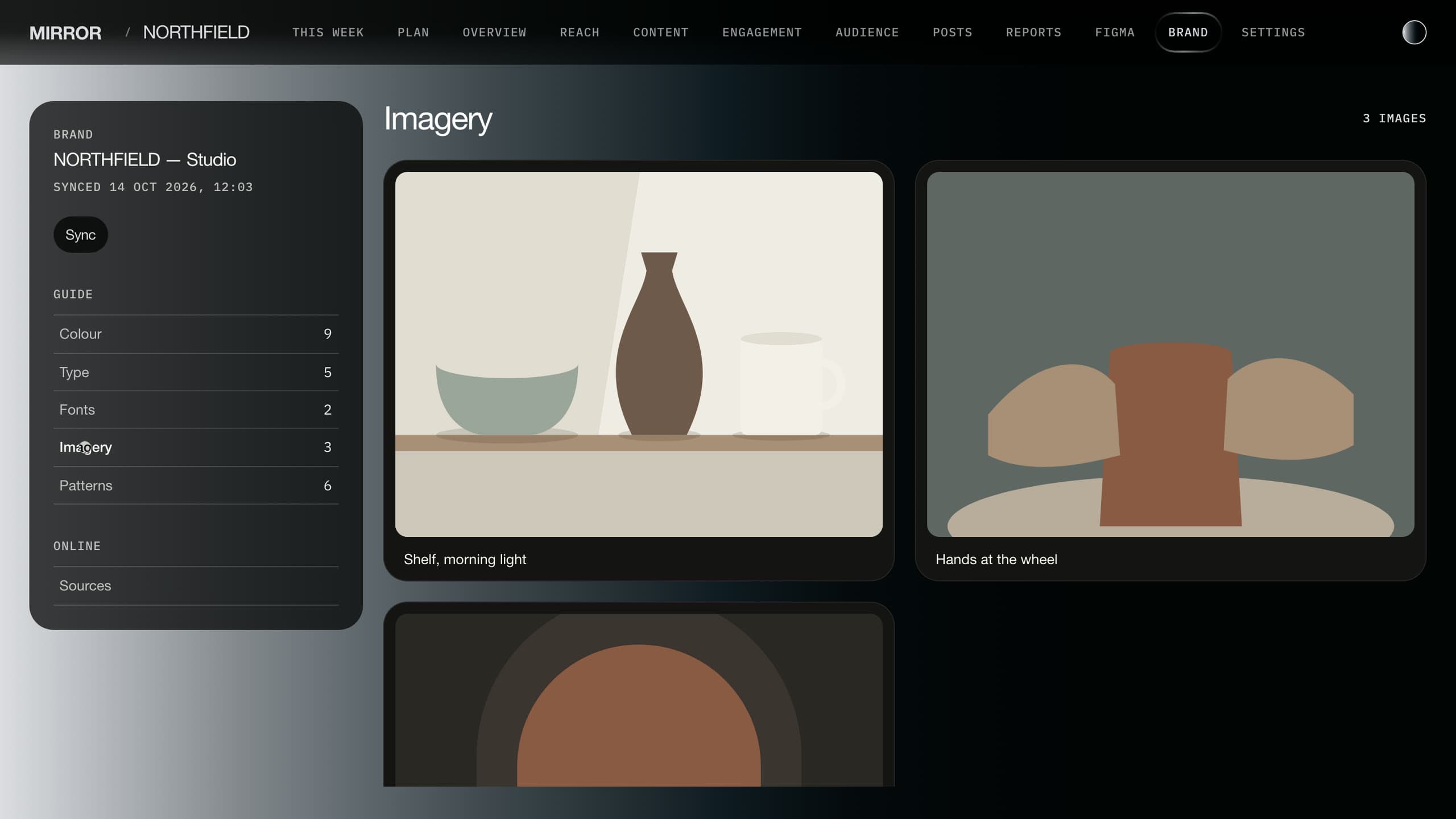 The brand page's imagery section: illustrations of a shelf in morning light and hands at the wheel.