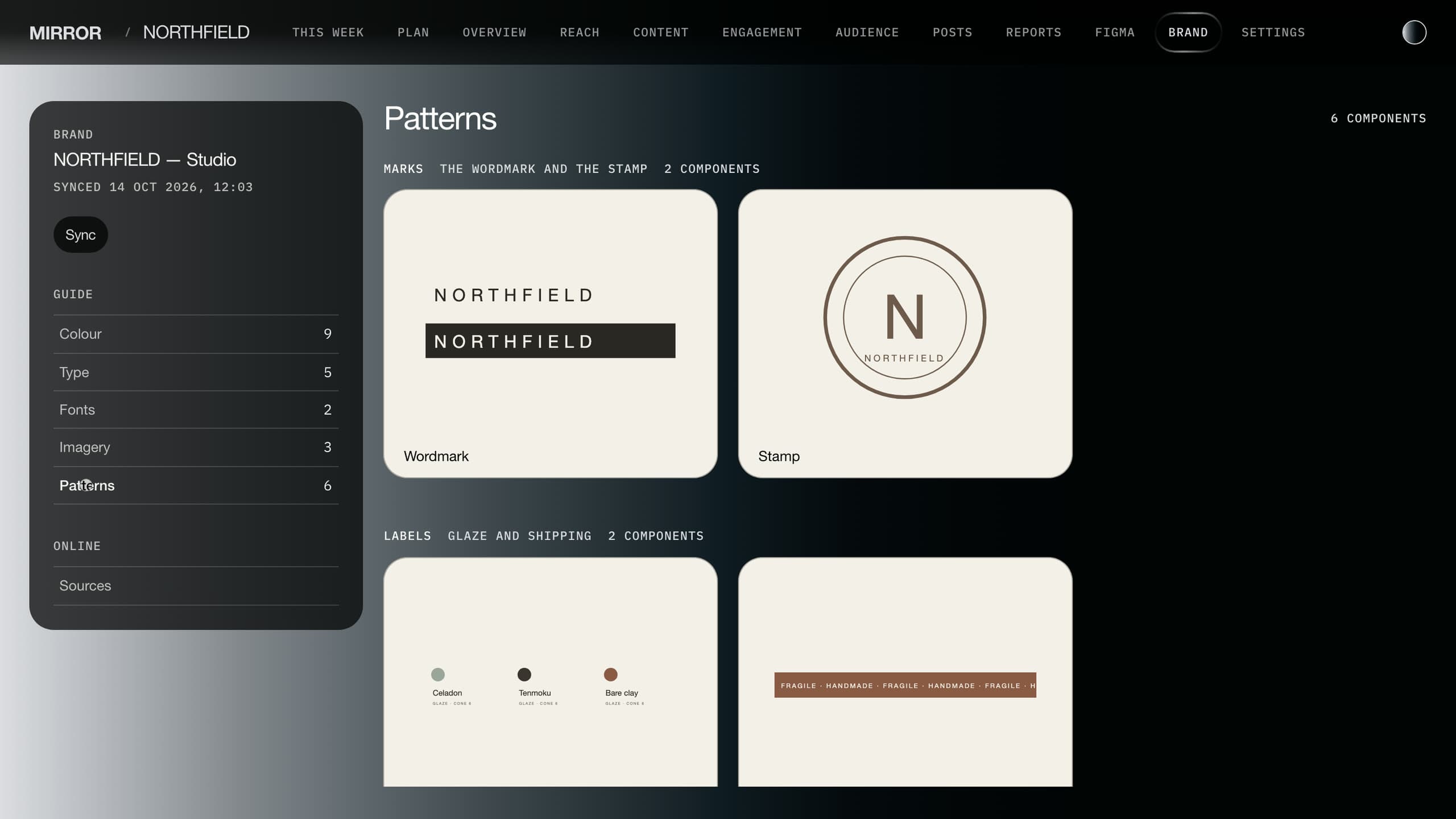 The brand page's patterns section: the NORTHFIELD wordmark and stamp, then glaze and shipping labels.