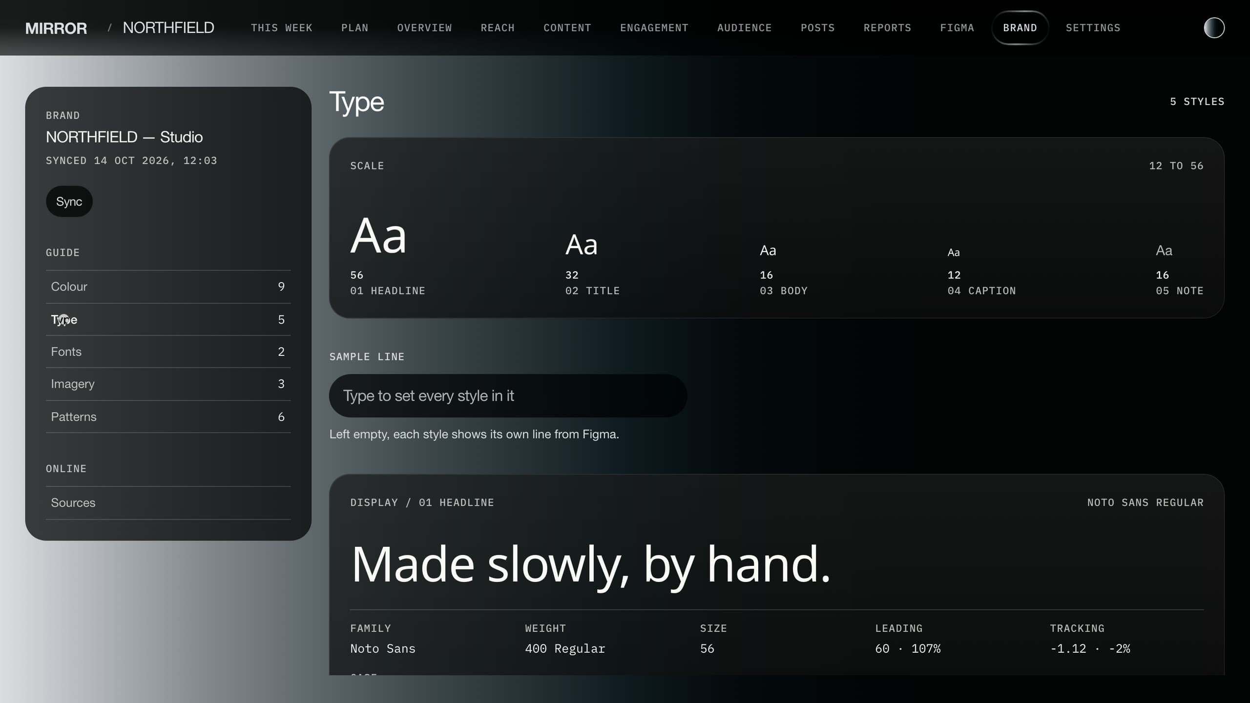 The brand page's type section: five styles from 56 down to 12, a sample line field, and the headline style set out with its family, weight, size, leading and tracking.