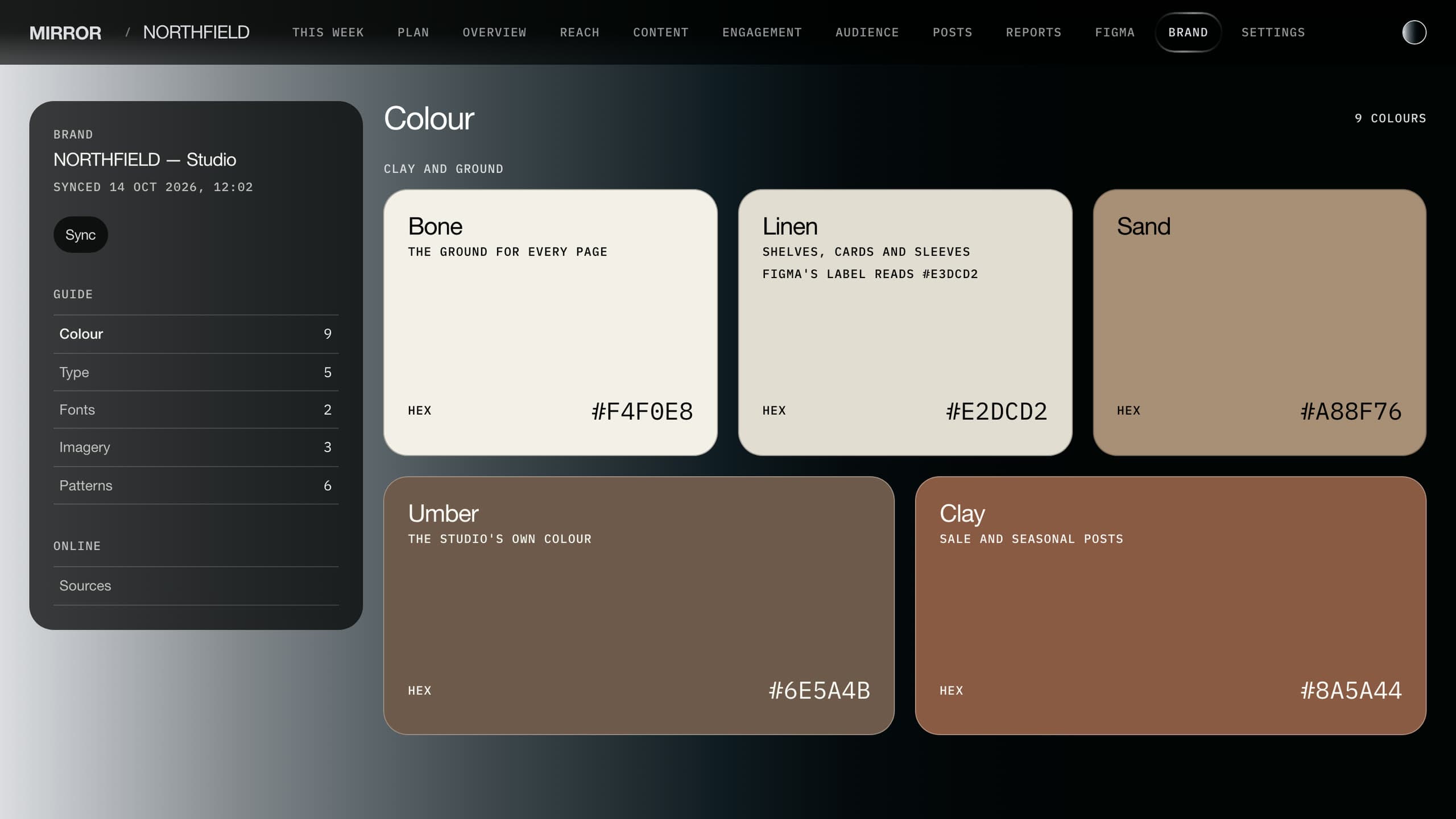 The brand page's colour section: Bone, Linen, Sand, Umber and Clay as large swatches, each with its use and its hex value, read from the Figma file.