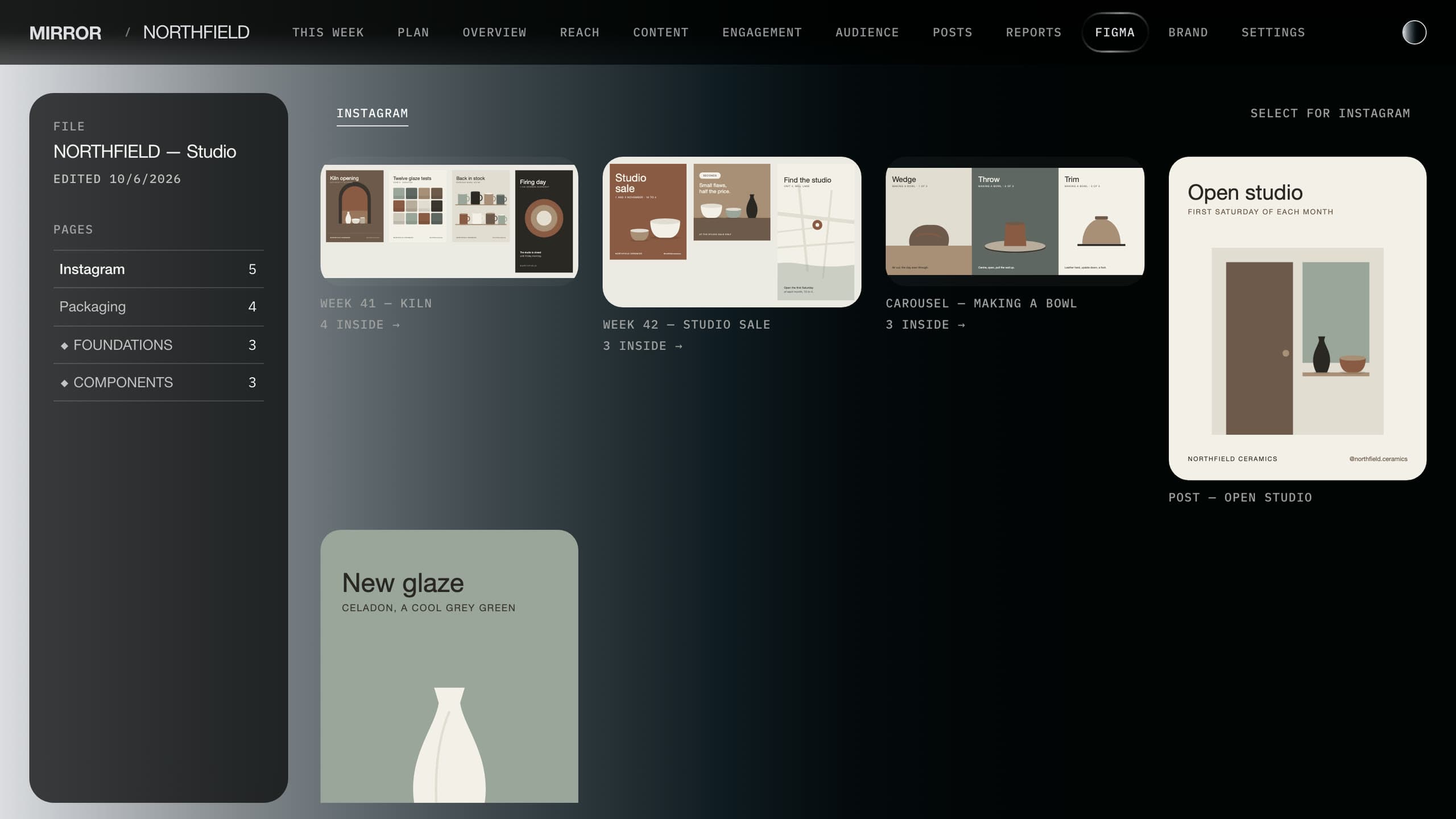The account's Figma file in Mirror: its pages listed down the side and the Instagram page's frames laid out as thumbnails.