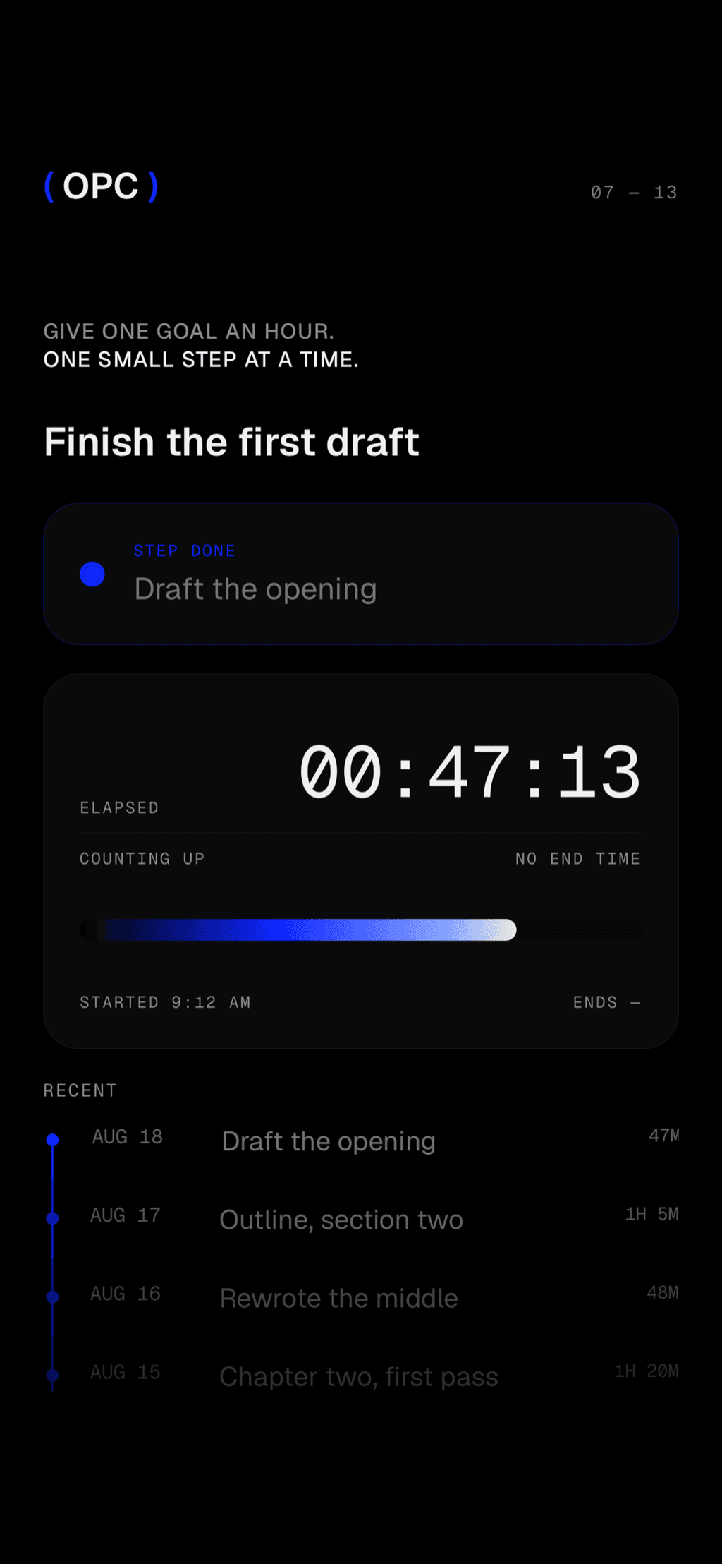 A clock at forty-seven minutes counting up against a goal, with the last four sittings listed under it.