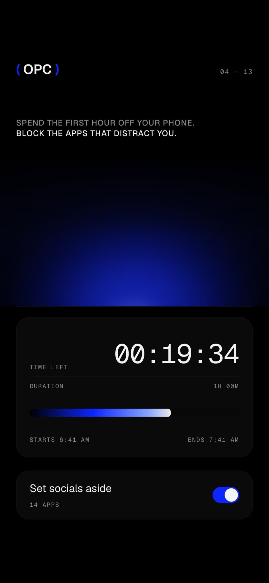 Nineteen minutes left on a one-hour block, with fourteen apps set aside.