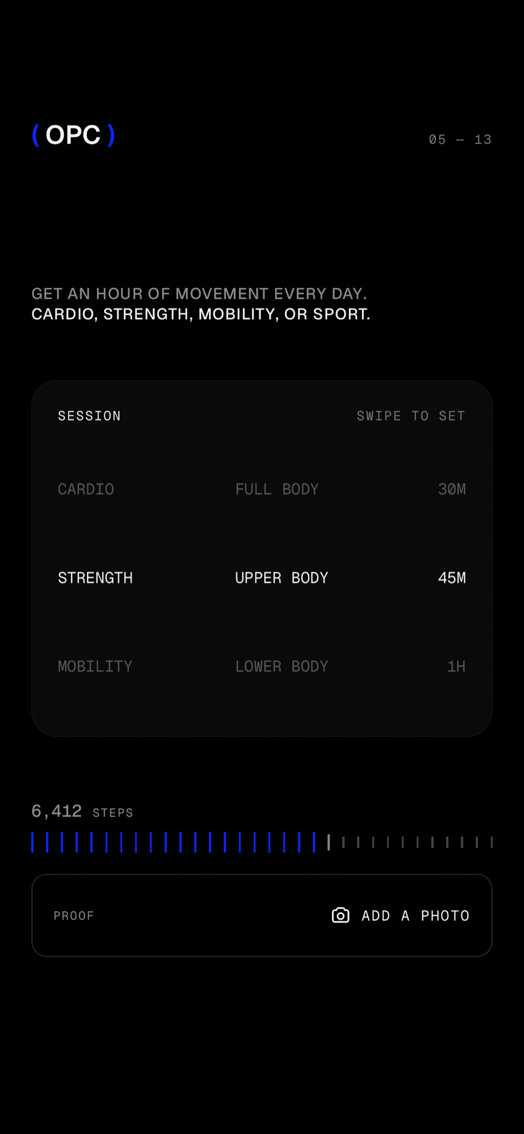 A session picker set to strength, upper body, forty-five minutes, over a steps ruler.