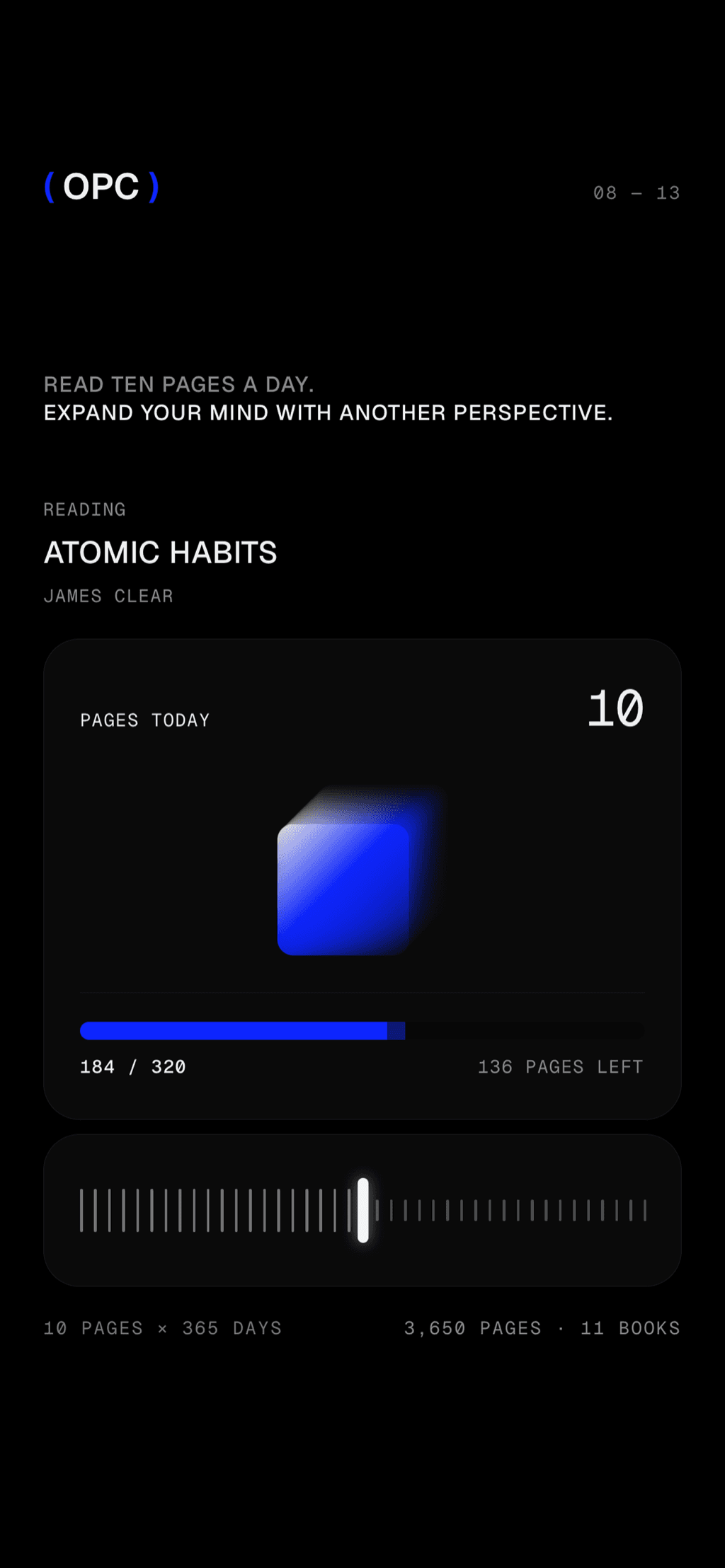 Ten pages logged against a book at 184 of 320, with a cobalt block above the progress bar.