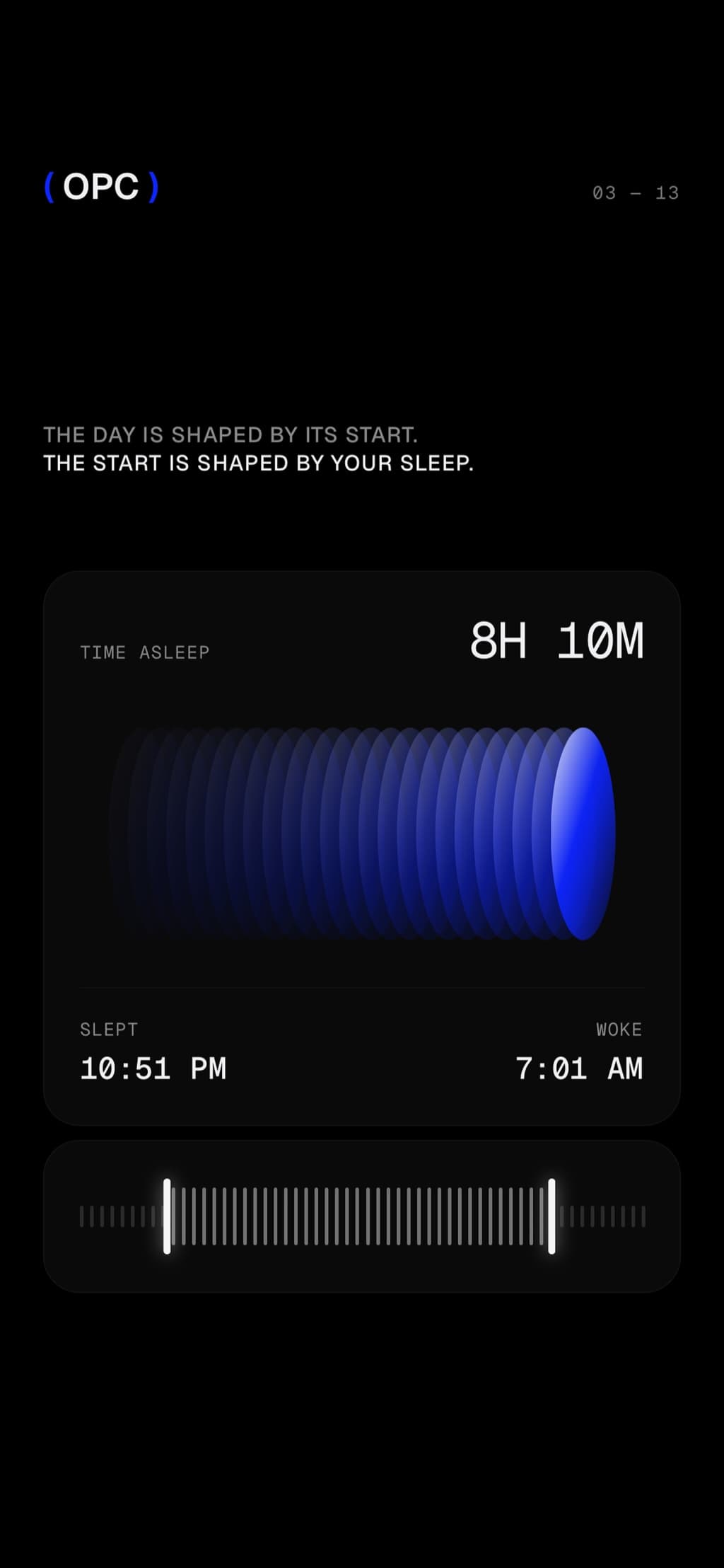 Eight hours ten minutes asleep, drawn as a stack of cobalt discs, with a tick ruler under it.