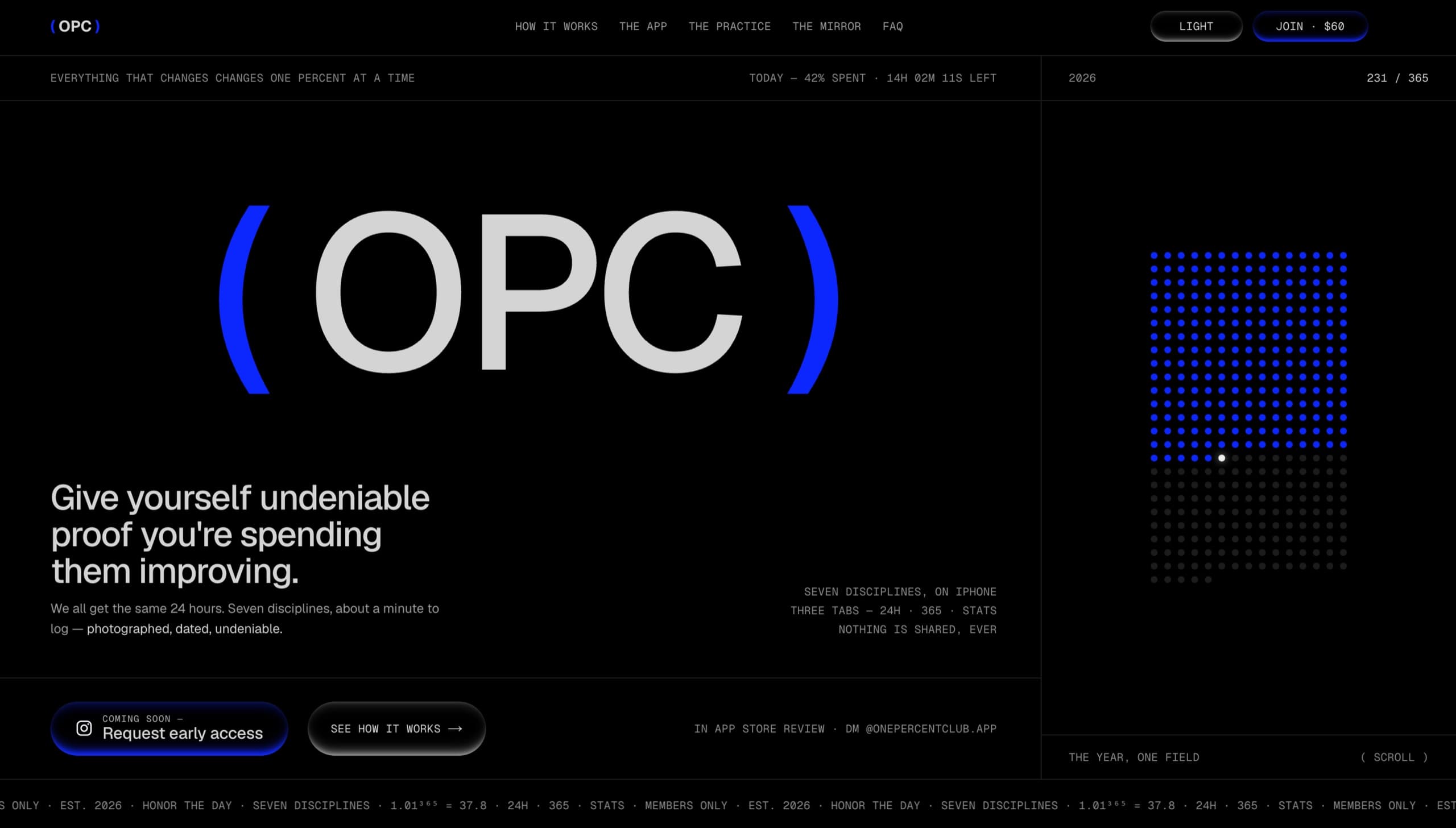 onepercentclub.app on a desktop: the ( OPC ) lockup across the width of the page, the promise set under it, the year field as a panel on the right, and a ticker along the foot.