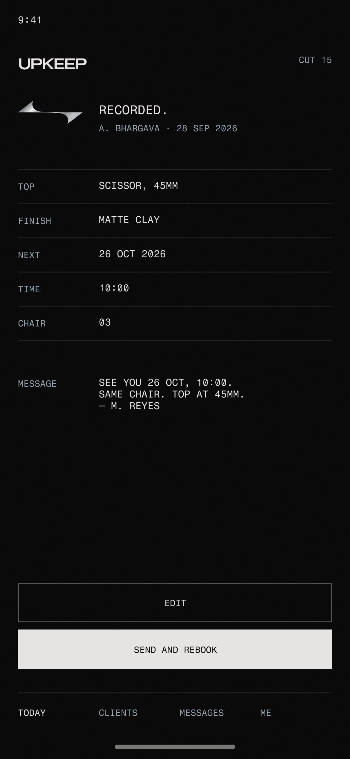 The cut recorded: the fields as cut, the next visit booked four weeks out and a message to the client drafted.