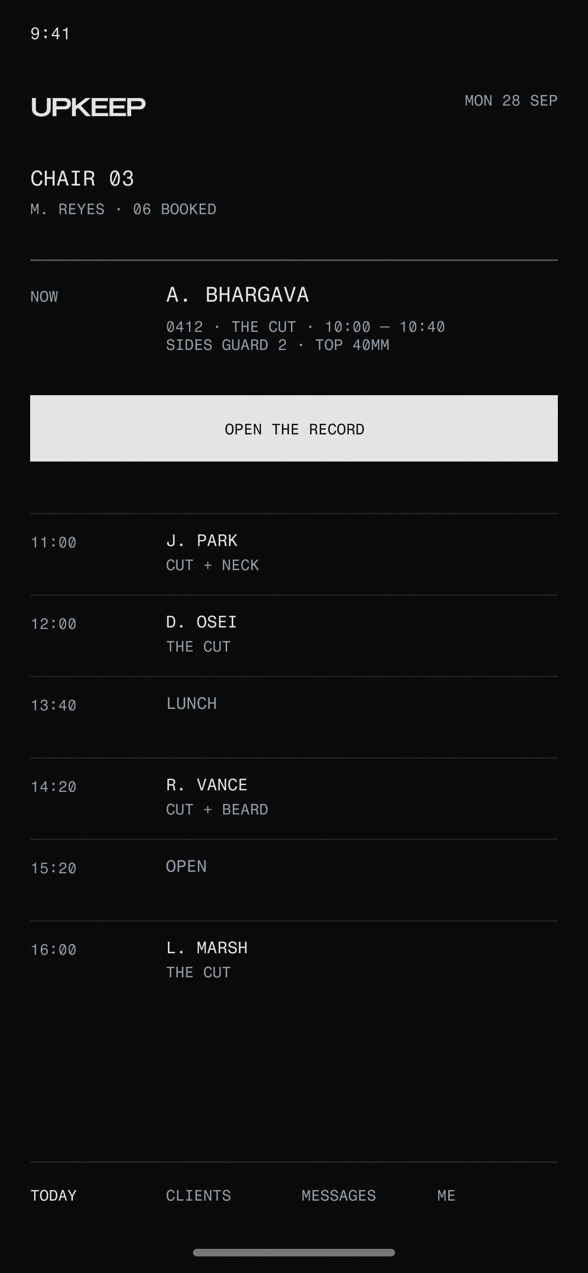 CHAIR, the barber app: the day's book for chair 03, the next client highlighted with a button to open their record.