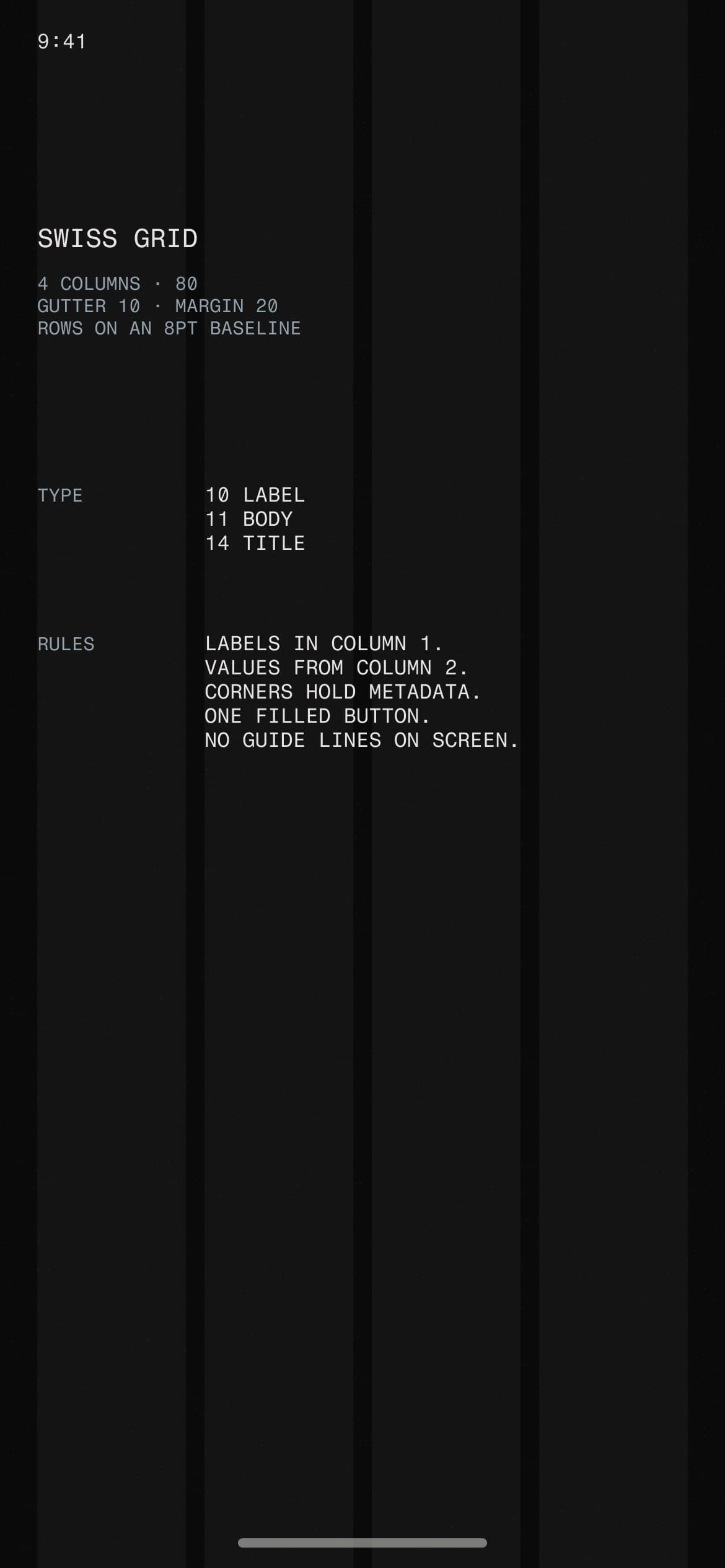 The mobile grid: four columns on a phone screen, with notes on where labels and values sit.
