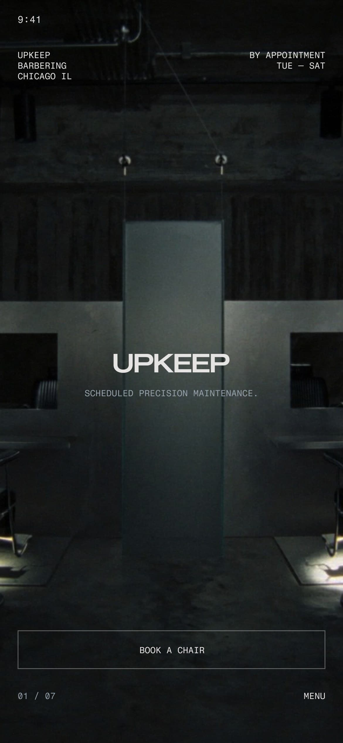 The booking site on a phone: the room, the wordmark and the tagline, and a BOOK A CHAIR button.