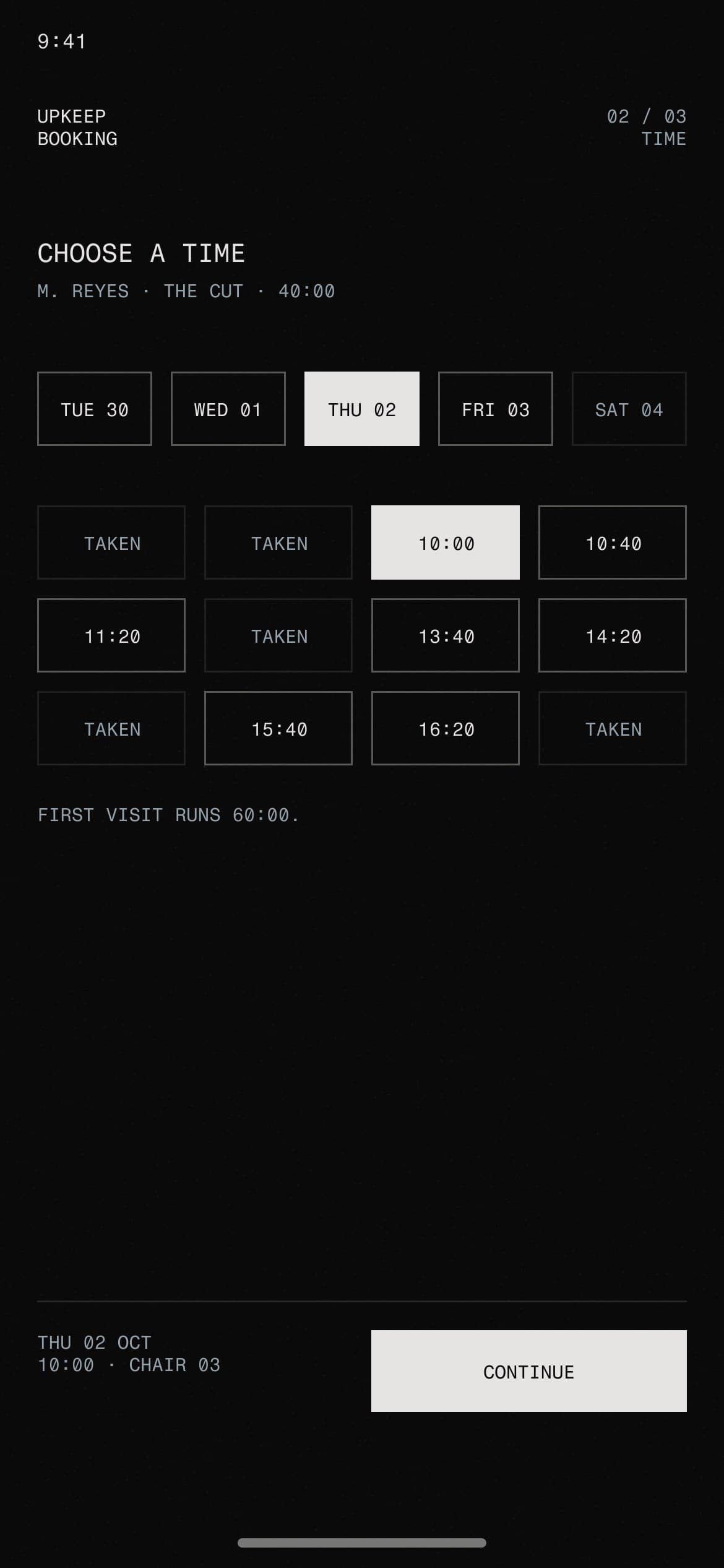 Choosing a time on a phone: a row of days and a grid of open slots, one selected.