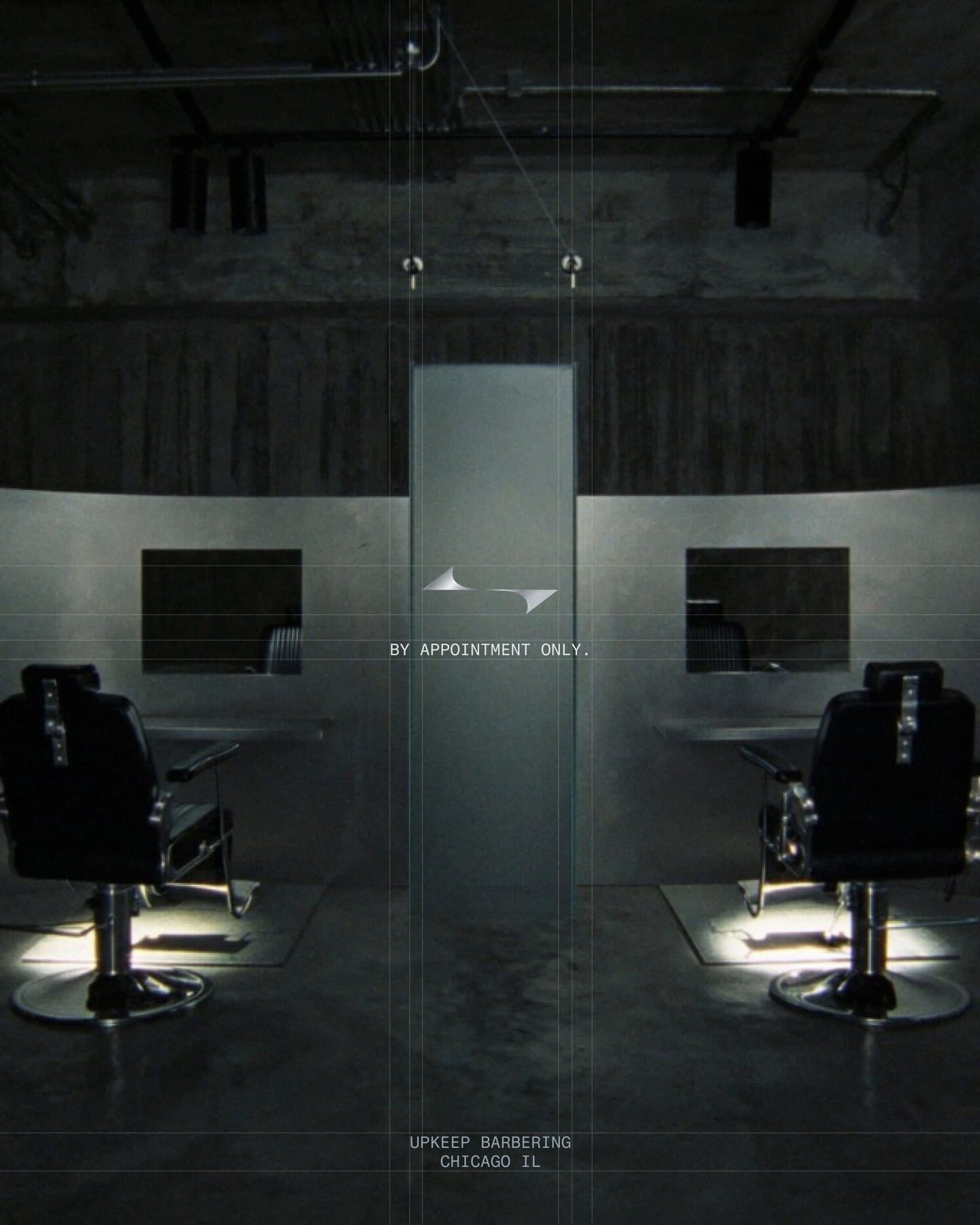 Campaign post: two barber chairs either side of a frosted glass divider, the mark centred on the glass and the line BY APPOINTMENT ONLY.