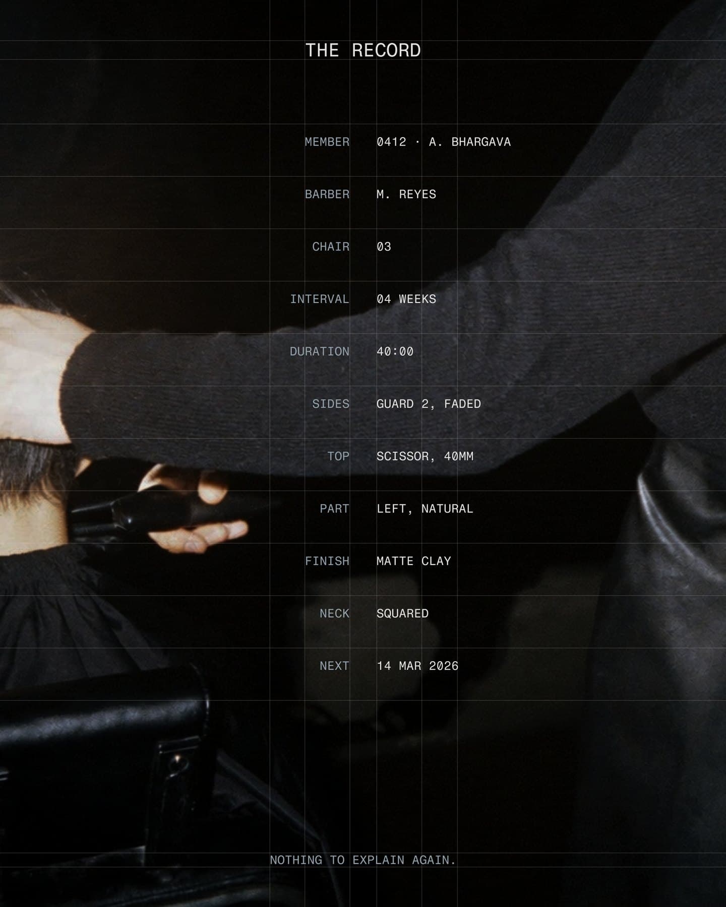 Campaign post: a barber's arm at work, overlaid with a client's record — member, barber, chair, interval, sides, top, part, finish, neck and next visit.