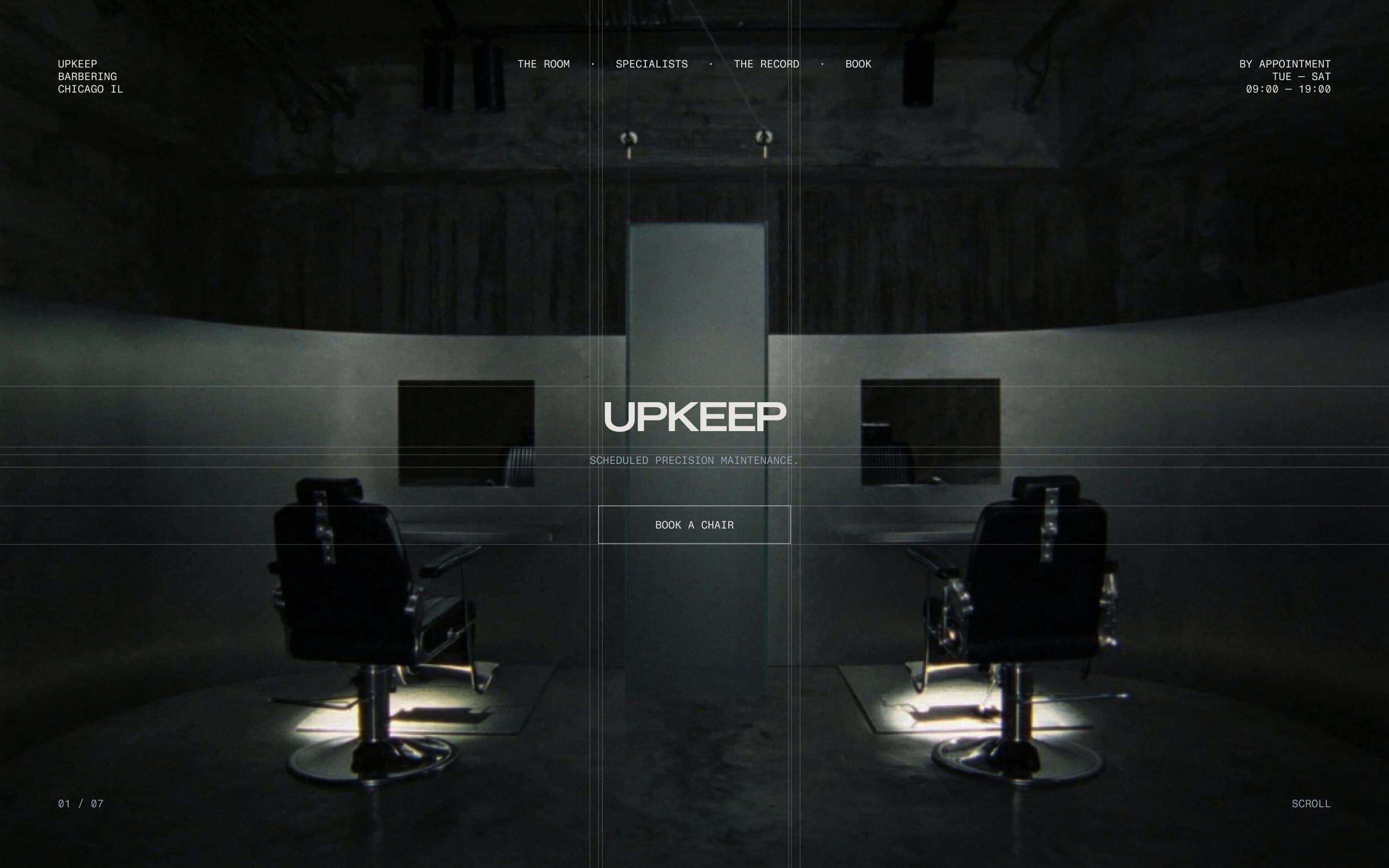 The booking site's opening screen: the two-chair room full bleed, the wordmark and SCHEDULED PRECISION MAINTENANCE centred, and a BOOK A CHAIR button.