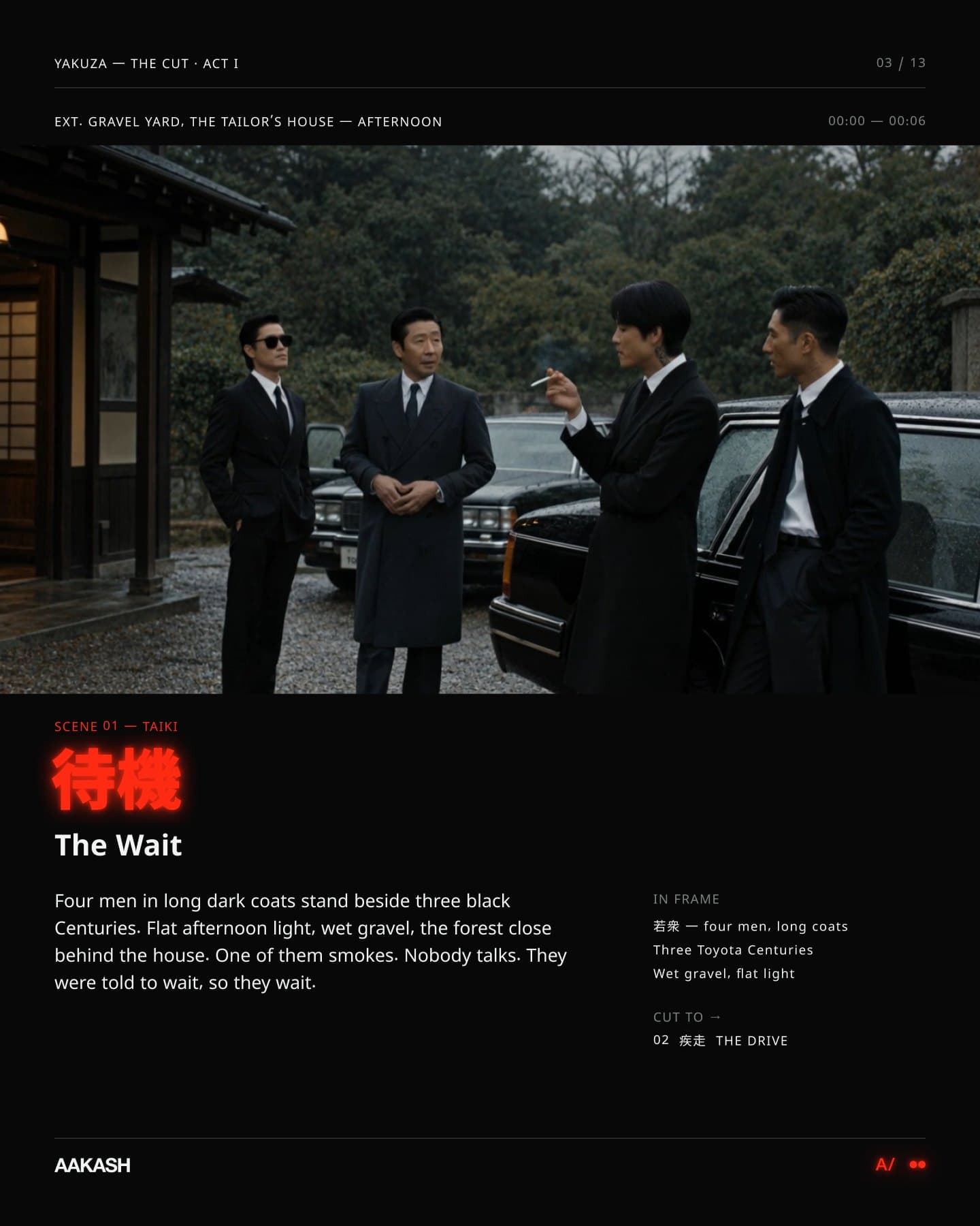 Scene 01, 待機 The Wait: four men in long coats beside black Centuries on wet gravel, with the scene's timecode and notes.