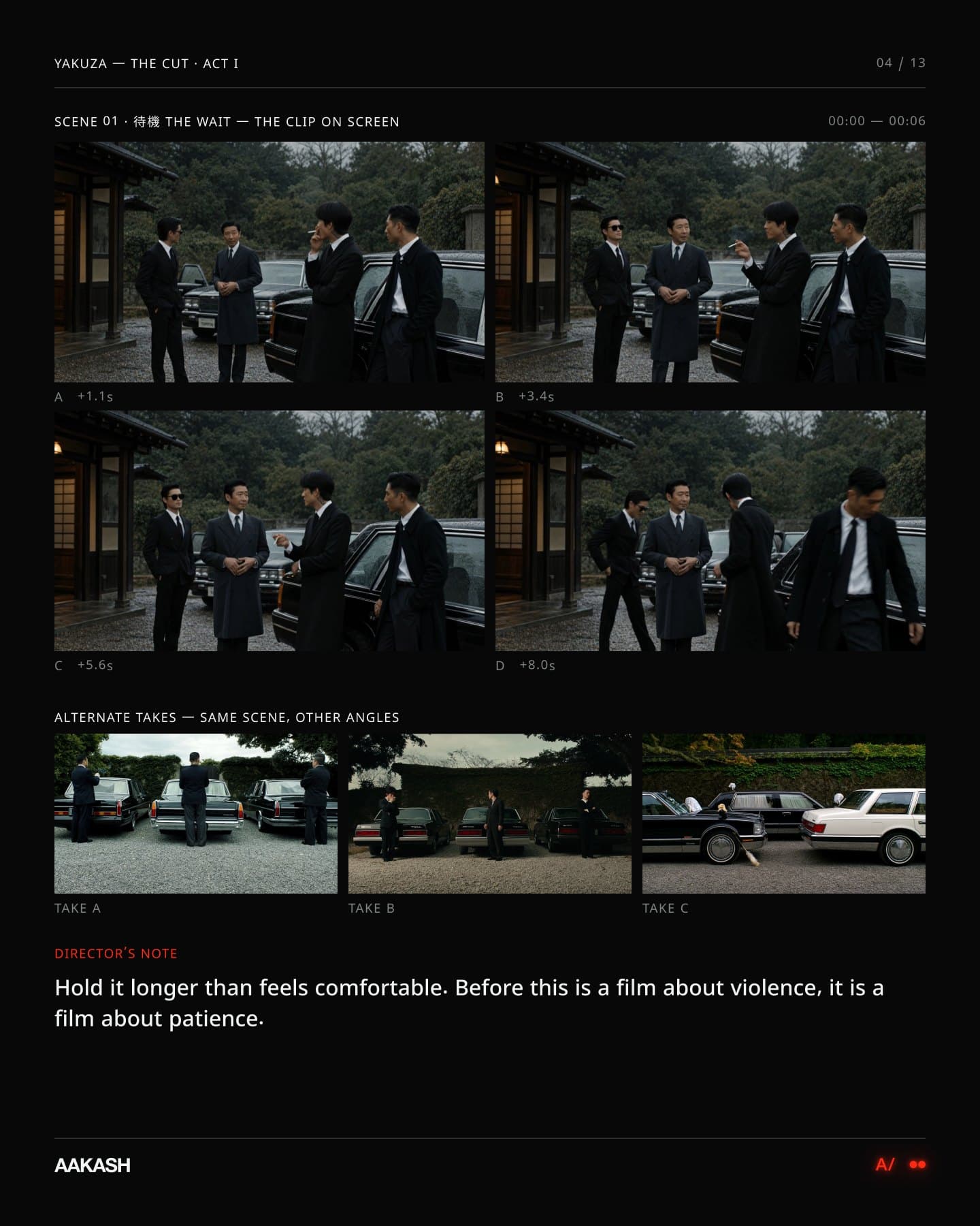 Scene 01 coverage: a contact sheet of frames pulled from the takes for the wait.