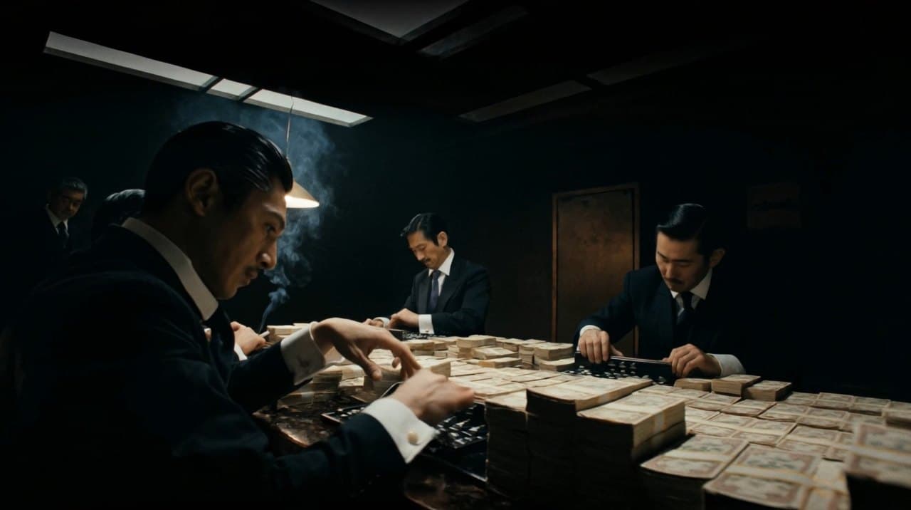 Scene 09: men counting stacks of banded cash under a hanging lamp in a low room.