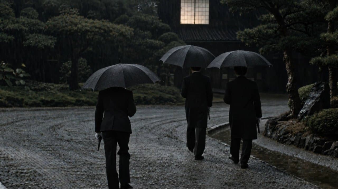 Scene 07: three men under black umbrellas walking across wet gravel toward the lit house.